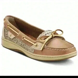Sperry Women’s Tan & Gold Angelfish Classic Leather Nautical Glitter Boat Shoe 9